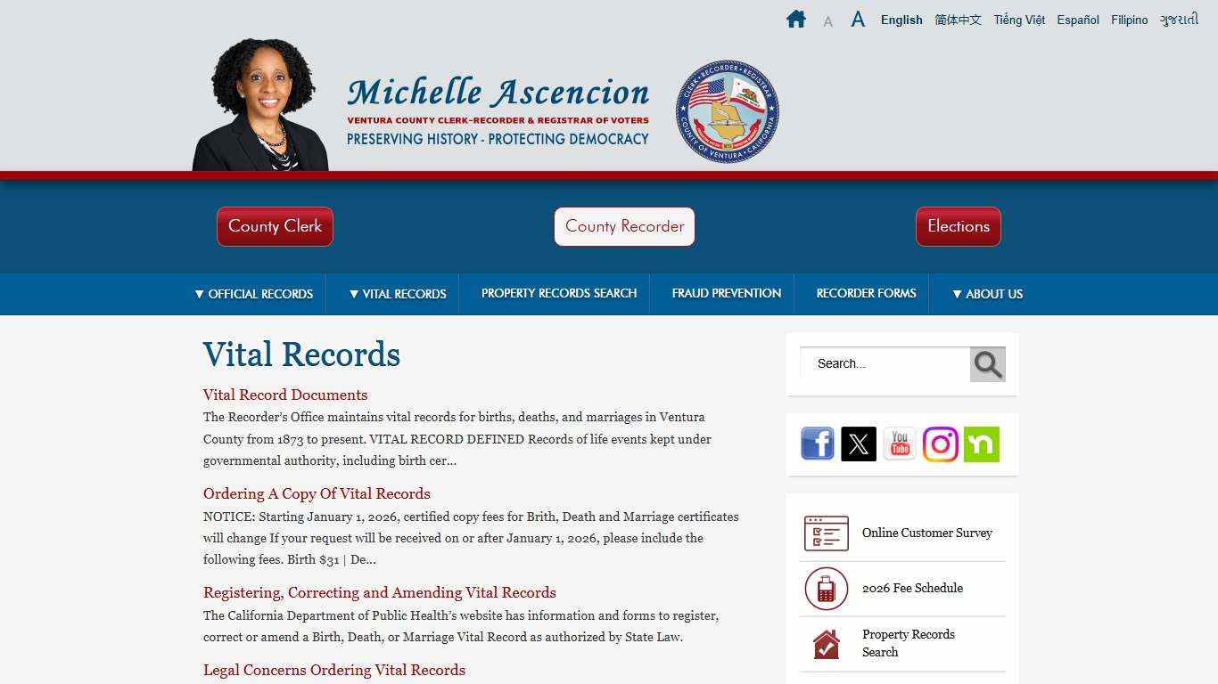 Ventura County, CA – County Clerk and Recorder / Registrar of Voters