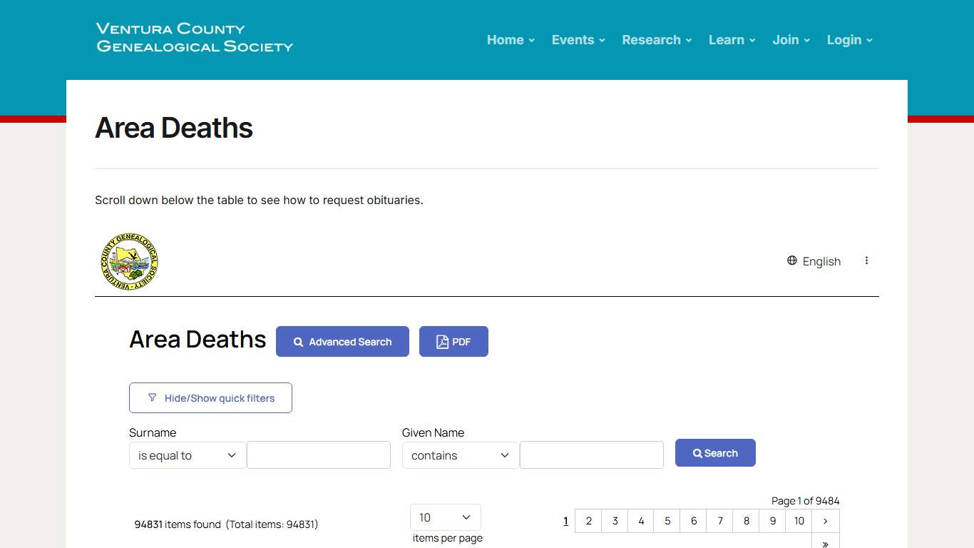 Area Deaths - Ventura County Genealogical Society