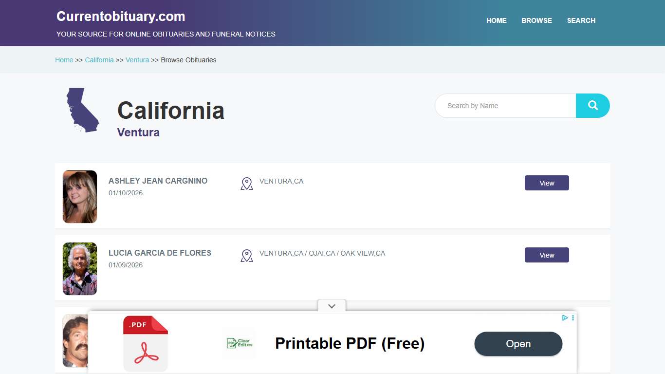 Ventura, California Obituaries, Funeral Notices, Condolences, Tributes and Death Notices | CurrentObituary.com