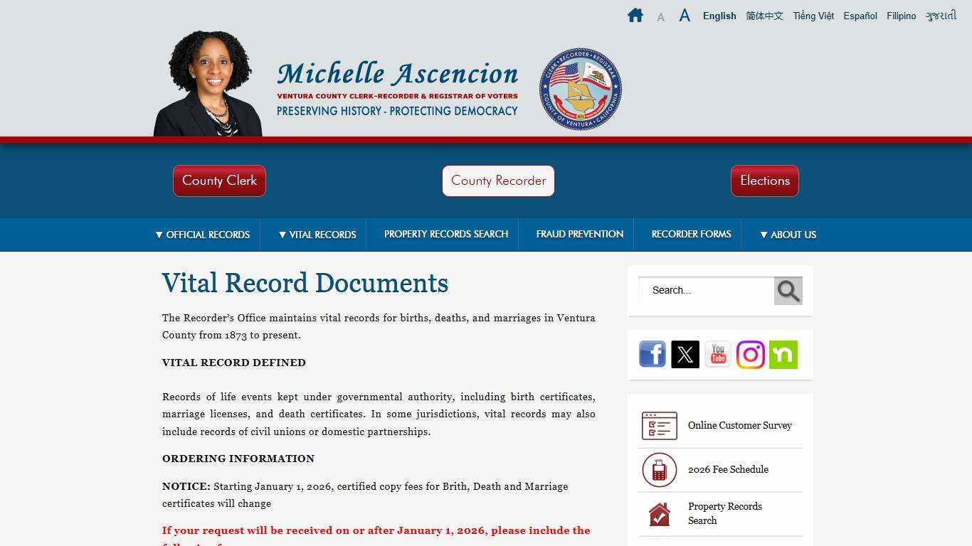 Ventura County, CA – County Clerk and Recorder / Registrar of Voters