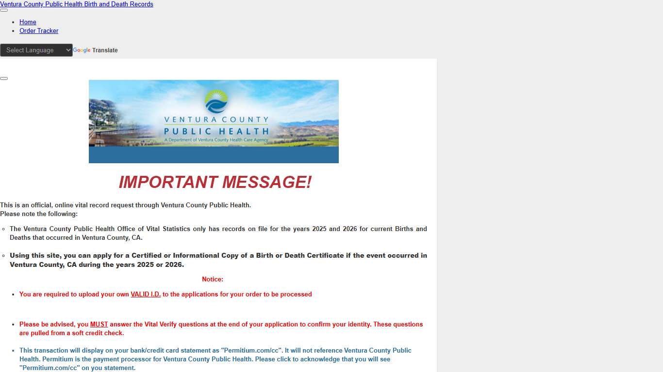 Ventura County Public Health Online Birth / Death Records Request