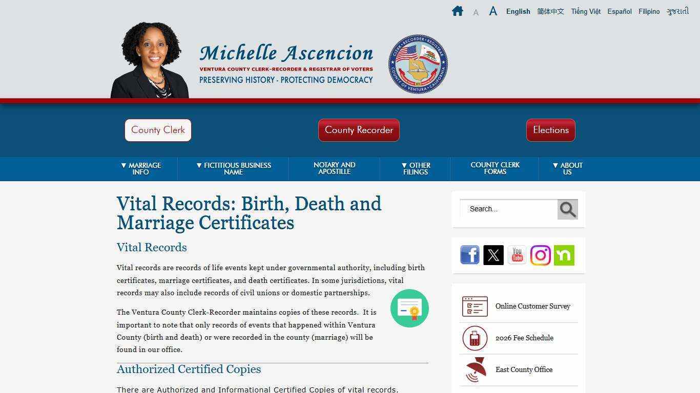 Ventura County, CA – County Clerk and Recorder / Registrar of Voters